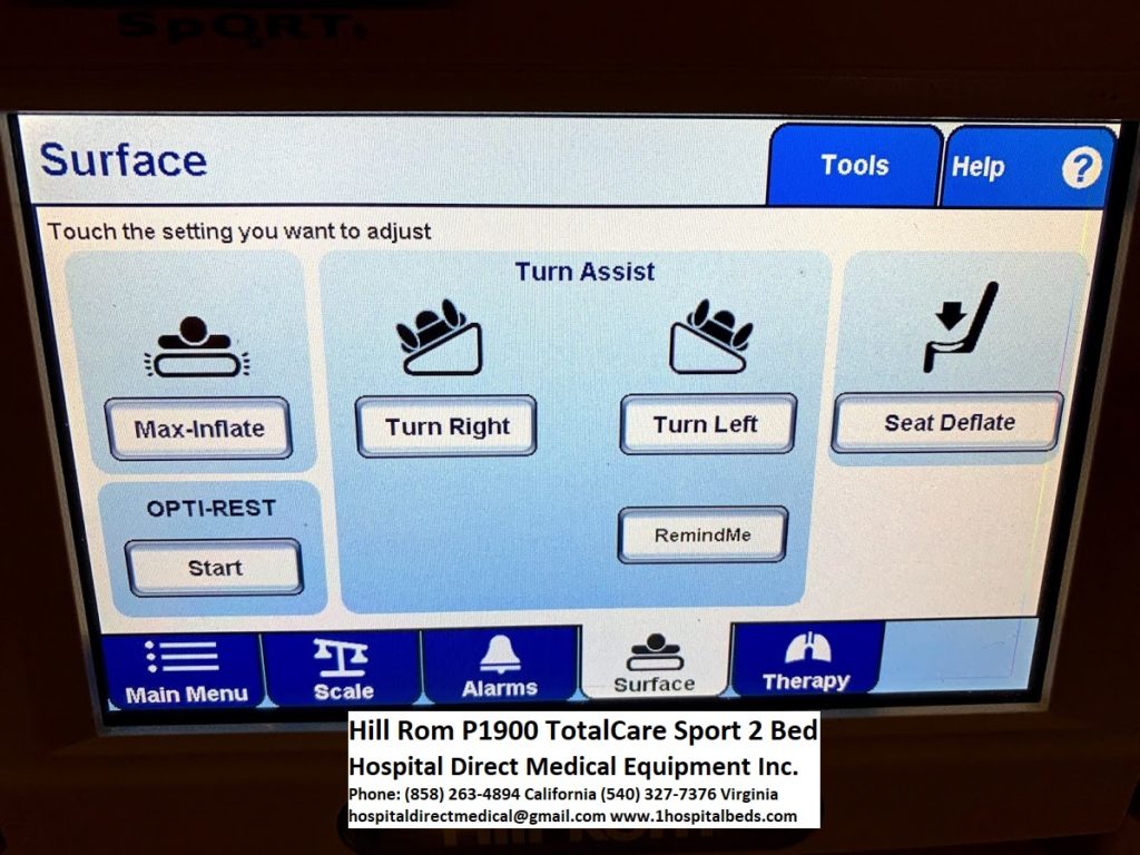 Hill Rom P1900 TotalCare Sport 2 bed touch screen controls